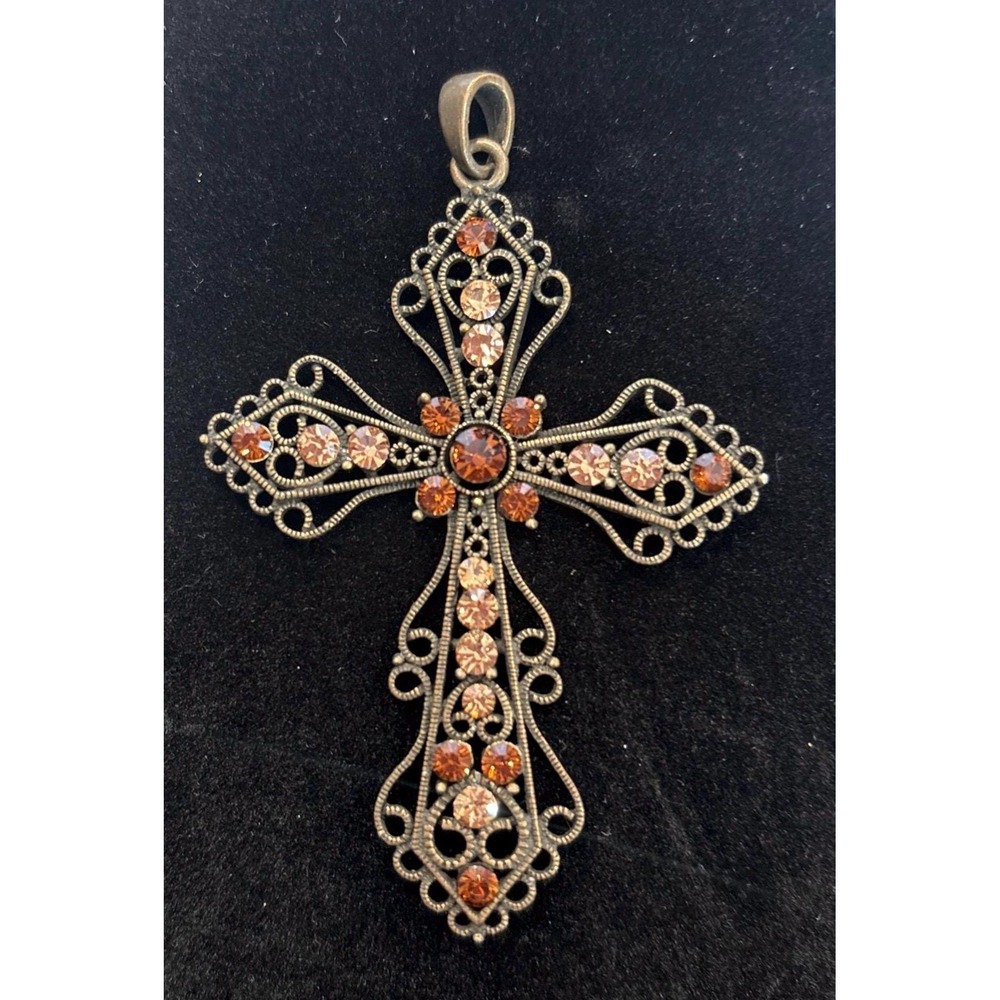 Vintage 4" Ornate Filigree Cross Pendant Amber Rhinestone Statement Jewelry